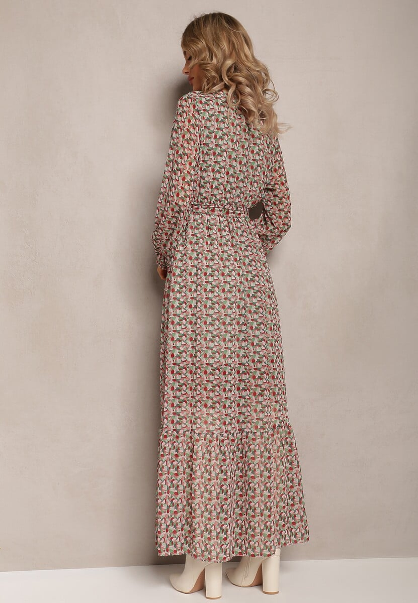 Zielono-Czerwona Sukienka Kopertowa z Falbanką i Wiązanym Paskiem Gjerana