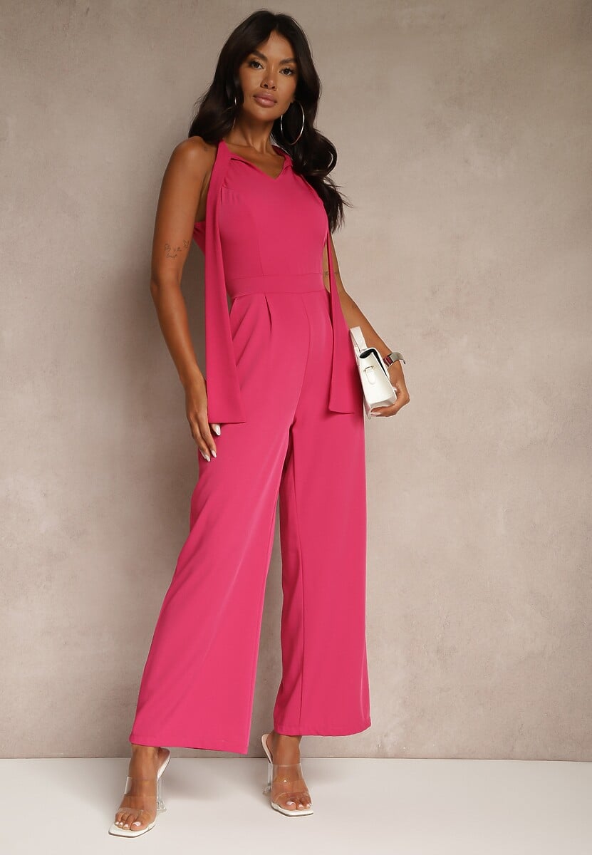 Fuksjowy Kombinezon Wide Leg z Ozdobnym Wiązaniem przy Szyi Silelia