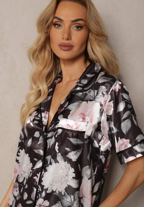 Czarny Komplet Piżamowy z Satynowego Materiału Koszula na Krótki Rękaw i Długie Spodnie Eneserea