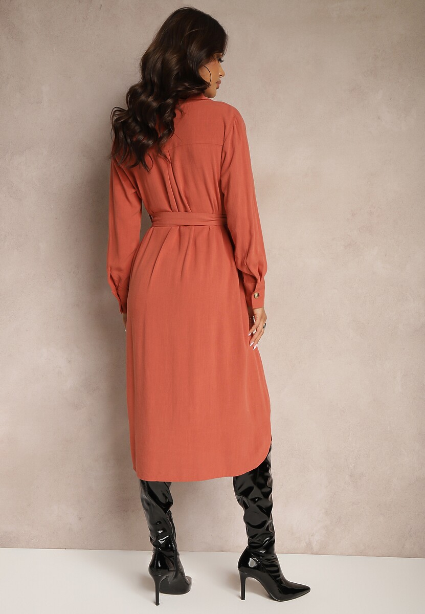 Pomarańczowa Sukienka z Bawełny o Koszulowym Kroju Wiązana w Talii Zinrose