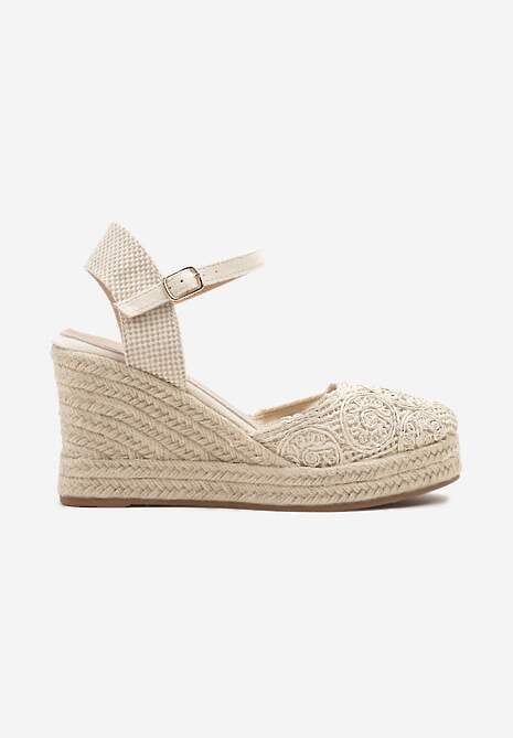 Beżowe Sandały Boho na Plecionym Koturnie z Wkładką ze Skóry Naturalnej Maniffia