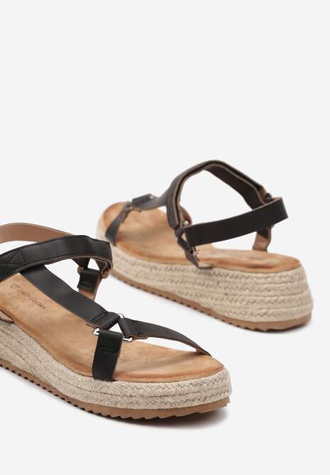 Czarne Sandały Zapinane na Rzep na Grubej Podeszwie z Plecionki Elnadia