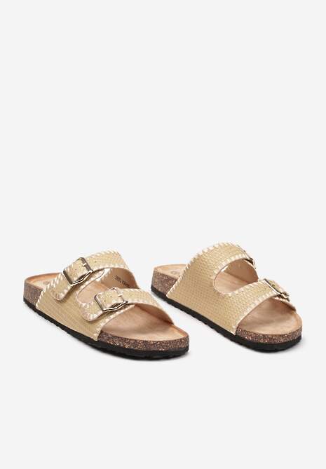 Ciemnobeżowe Klapki na Podeszwie z Korkową Wstawką Sprzączkami i Przeszyciami Nlena