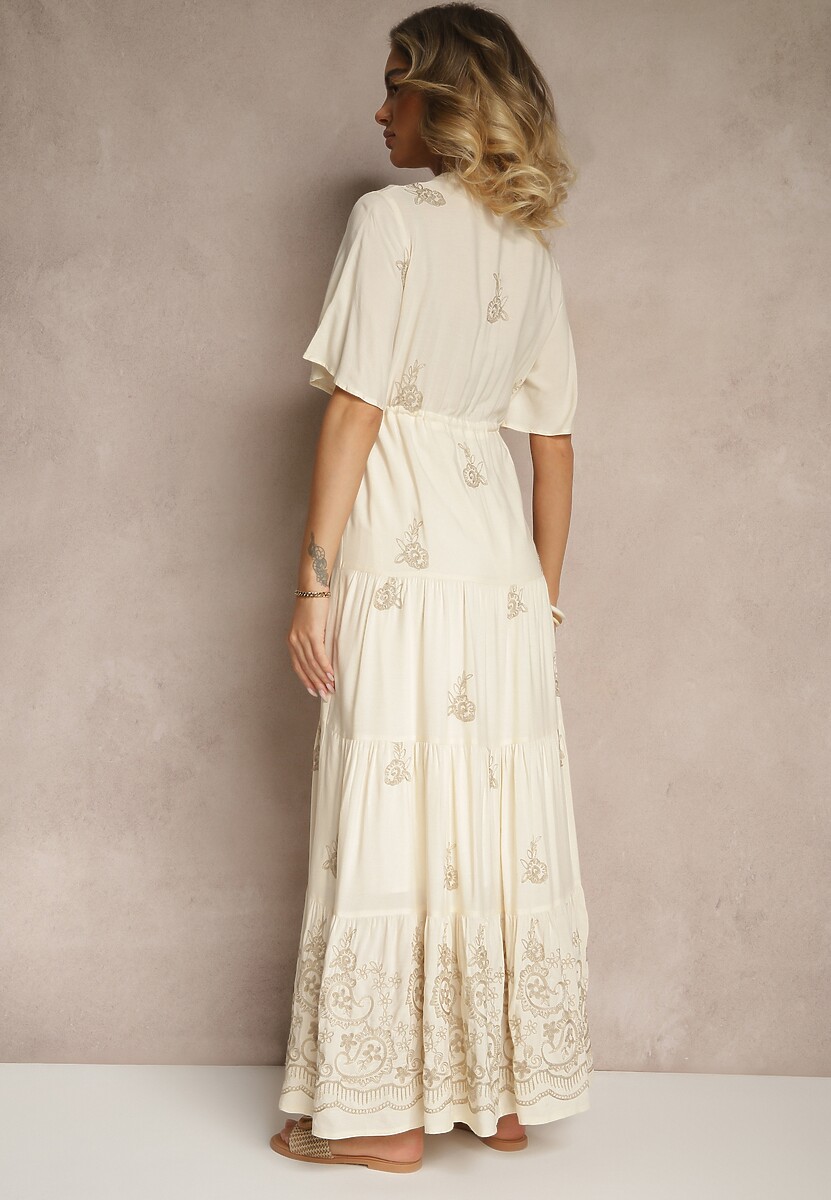 Beżowa Rozkloszowana Sukienka Boho z Wiskozy Zdobiona Haftem i Wiązaniem Falvania