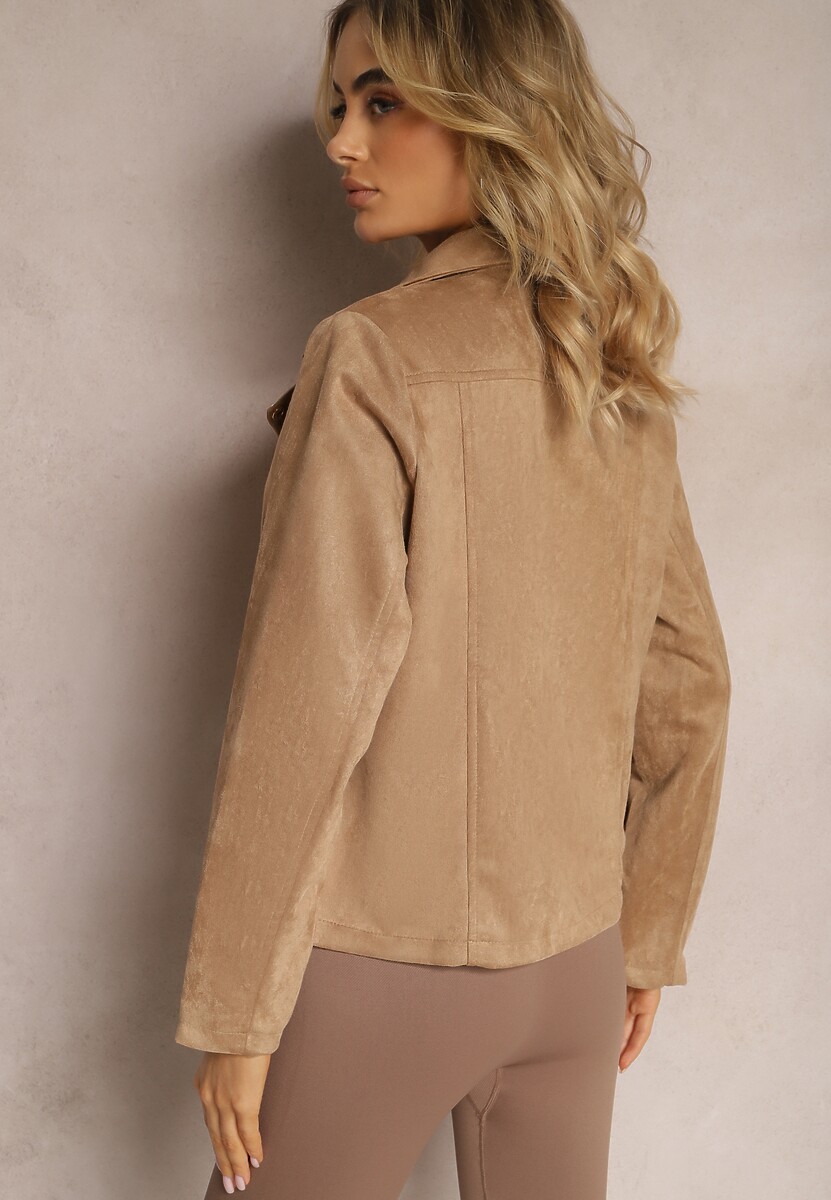 Brązowa Asymetryczna Kurtka Ramoneska  z Imitacji Zamszu Kmiya