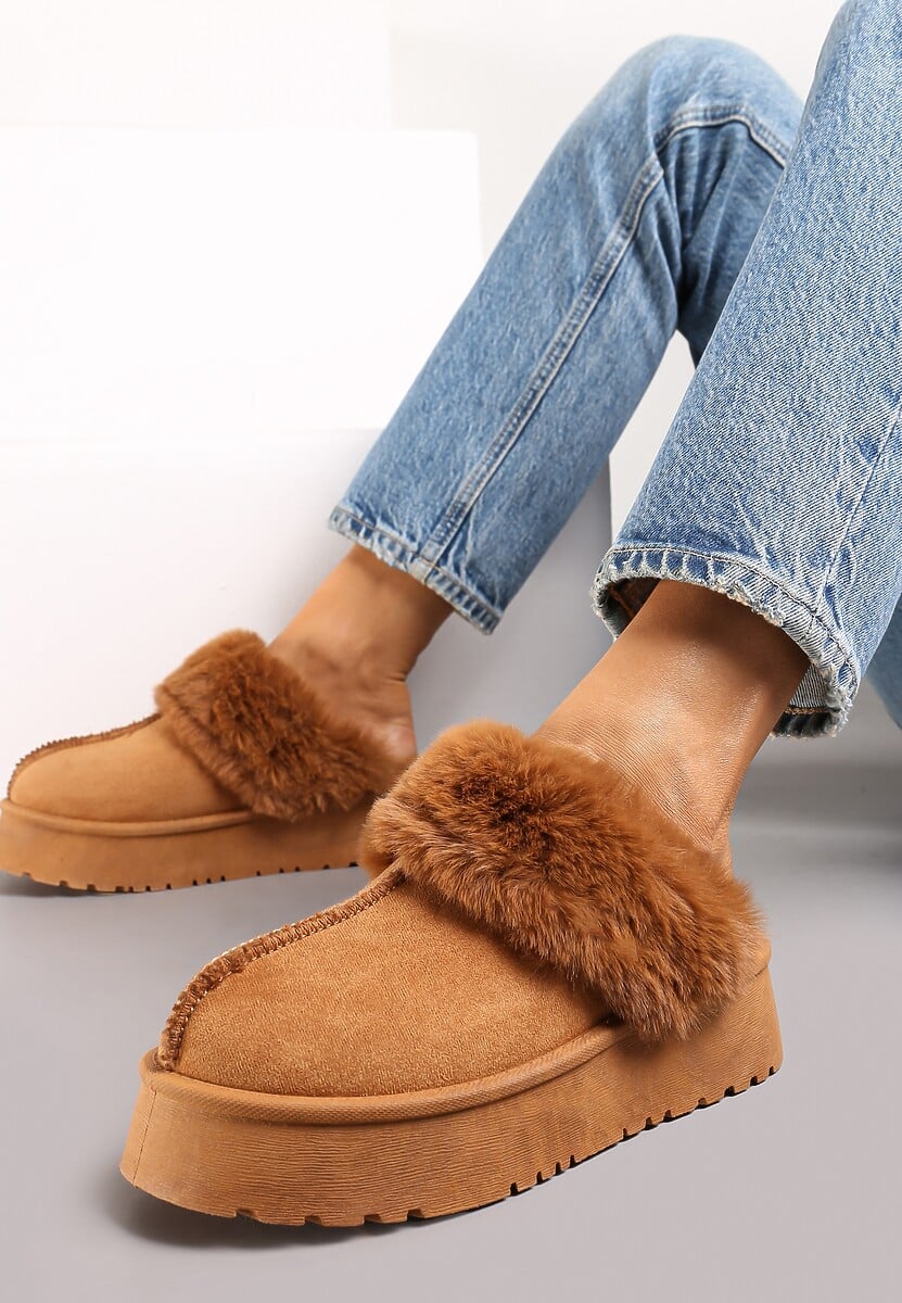 Brązowe Kapcie na Platformie z Ekozamszu z Futerkiem Livorn