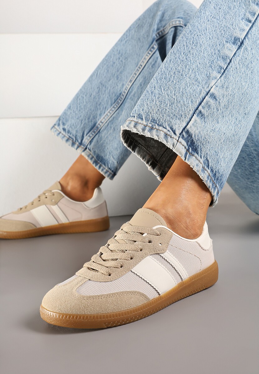 Ciemnobeżowe Sneakersy na Kauczukowej Podeszwie Ozdobione Paskami Emidi