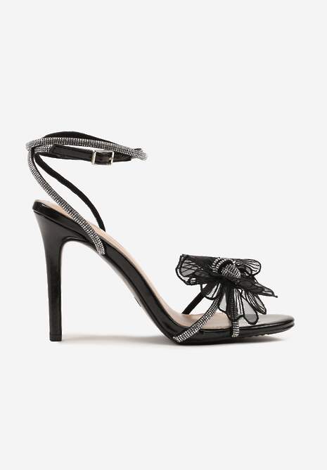 Czarne Sandały na Obcasie z Aplikacją w Kształcie Kwiatu Zdobione Cyrkoniami Frolene