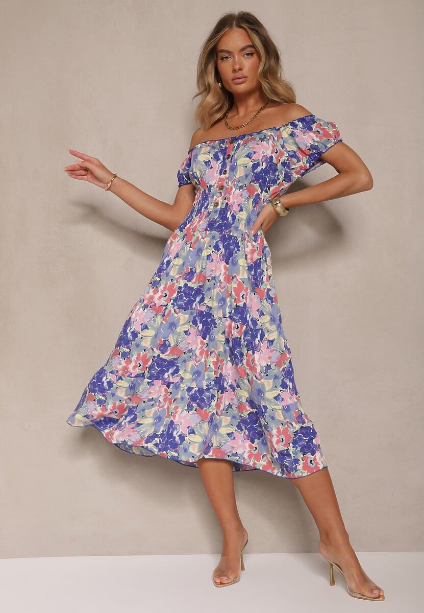 Niebiesko-Biała Sukienka Midi z Krótkim Rękawem z Wiskozy w Kwiaty Emena