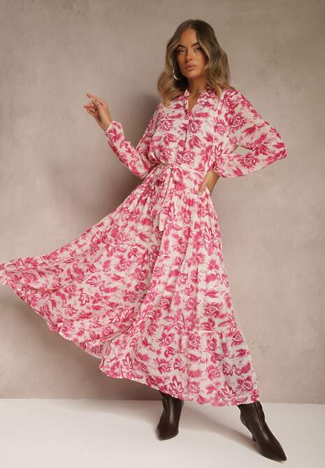 Fuksjowa Kwiecista Sukienka Maxi z Falbanką i Materiałowym Paskiem Ayvie