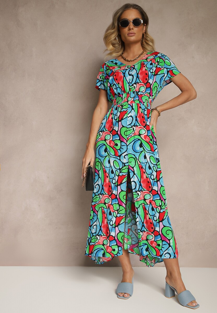 Niebieska Sukienka z Bawełny w Abstrakcyjny Wzór Emisienna