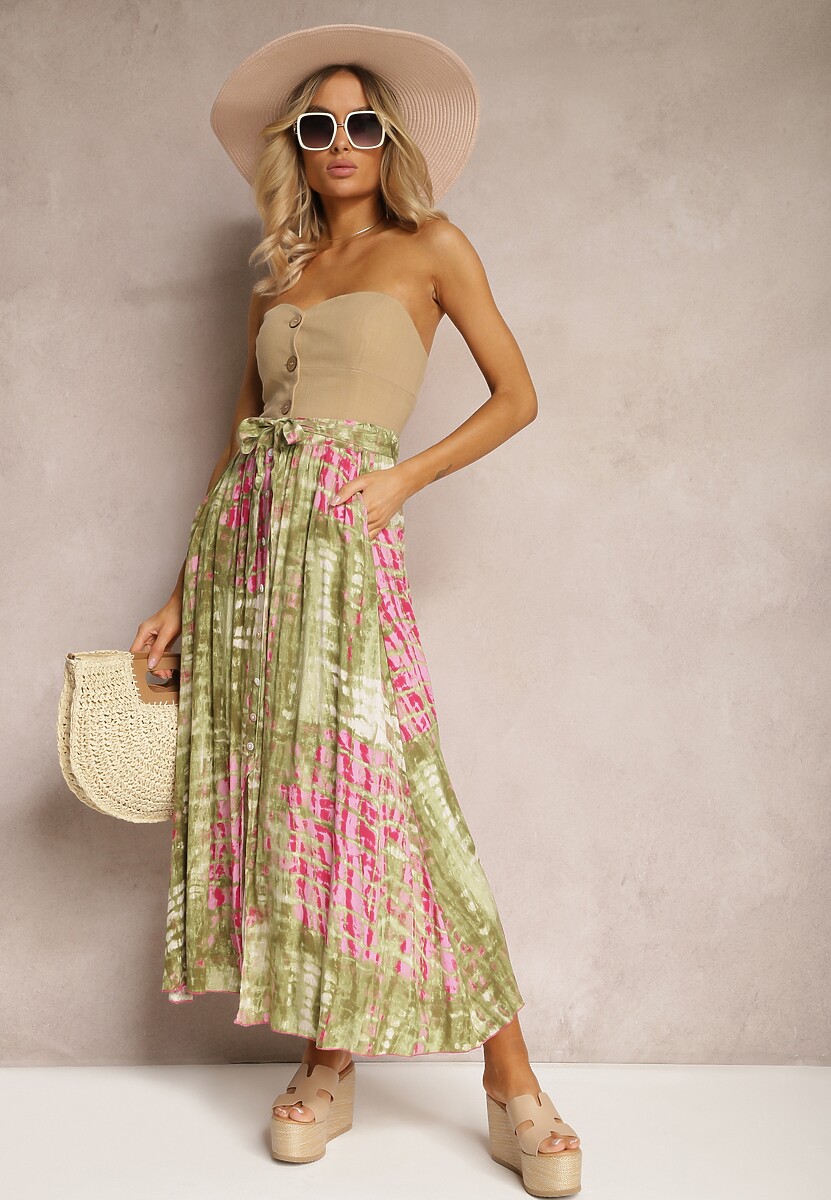 Różowa Rozkloszowana Spódnica z Wiskozy z Nieodpinanymi Ozdobnymi Guzikami Zafina