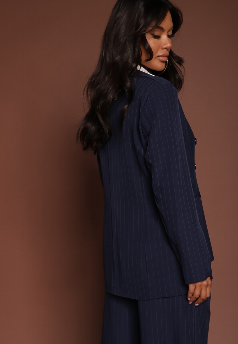 Granatowa Dwurzędowa Marynarka z Wiskozą i Usztywnianą Linią Ramion Ellirisa