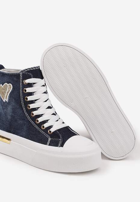 Granatowe Trampki na Platformie z Wysoką Cholewką z Haftem z Brokatem Elanitha