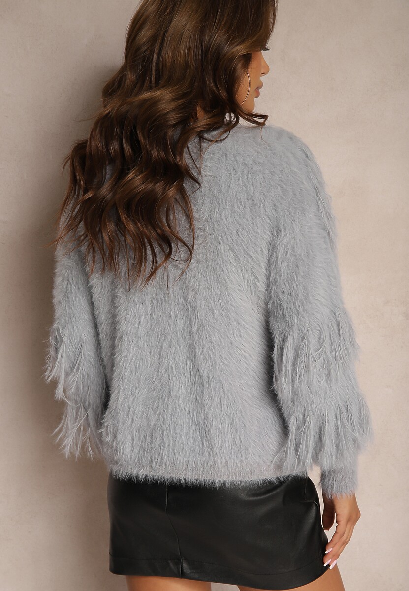 Szary Casualowy Kardigan Puchaty z Wełną Frędzlami i Guzikami Mavanira