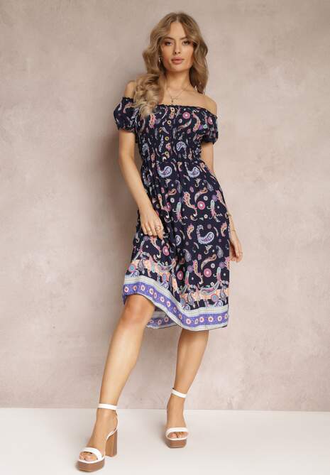 Granatowa Bawełniana Sukienka Hiszpanka z Gumką w Pasie i Wzorem Paisley Maggies