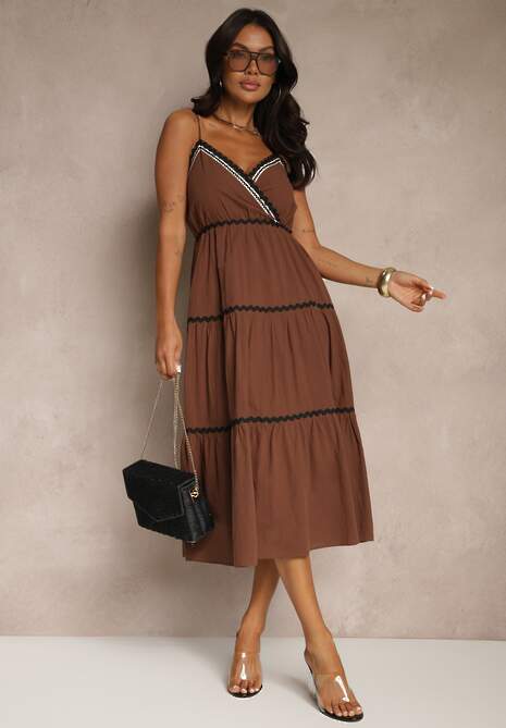 Brązowa Sukienka z Bawełny Ozdobiona Metaliczną Nicią Saraleza