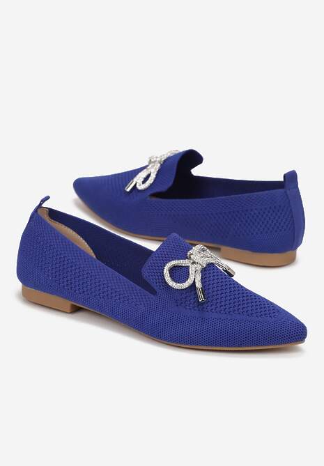 Granatowe Balerinki na Płaskiej Podeszwie z Kokardką z Cyrkonii Preslia