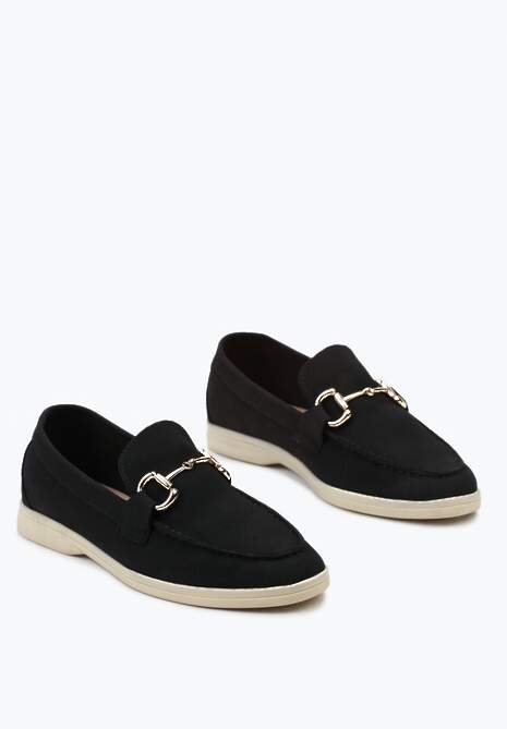 Czarne Mokasyny z Imitacji Zamszu z Ozdobną Klamrą i Przeszyciami Daneka