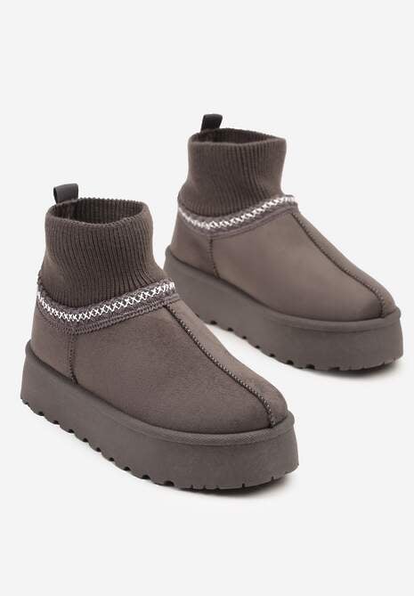 Szare Śniegowce na Platformie ze Skarpetową Cholewką Erevelis