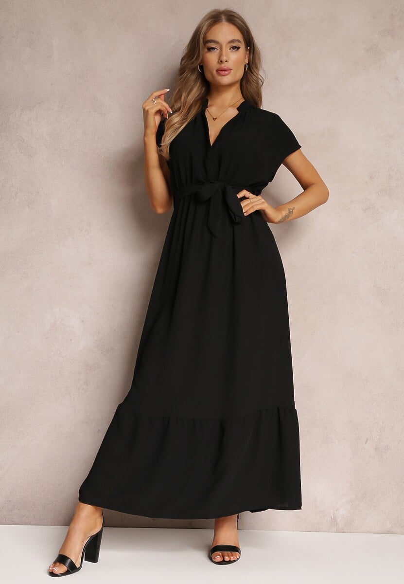 Czarna Kopertowa Sukienka z Gumką w Talii i Wiązaniem Mylelse