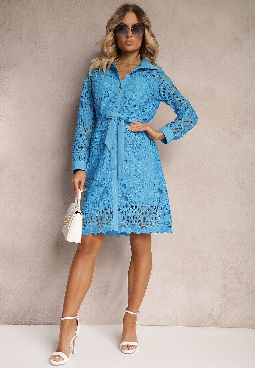 Niebieska  Koszulowa Sukienka Mini z Ażurowej Koronki i Paskiem Norila