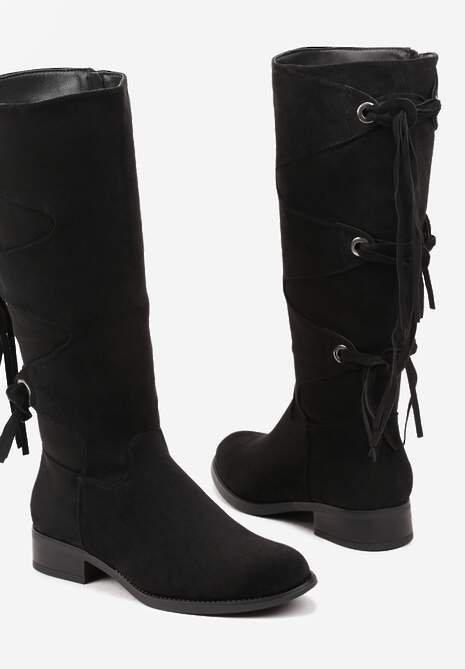 Czarne Ekozamszowe Kozaki z Cholewką Ozdobioną Frędzlami Realenna