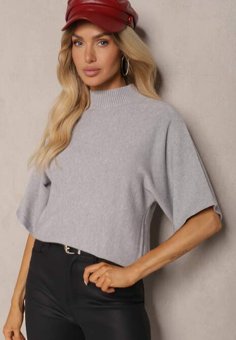 Szara Bluzka z Półgolfem i Krótkim Rękawem z Bawełną i Wiskozą w Stylu Nietoperza Ciastina