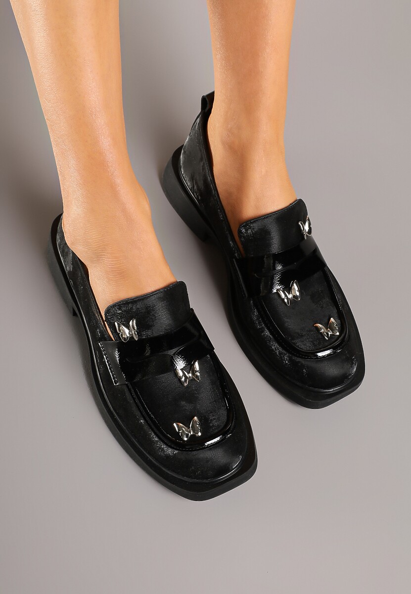 Czarne Mokasyny ze Srebrnymi Motylami i Skórzaną Wkładką Tunira