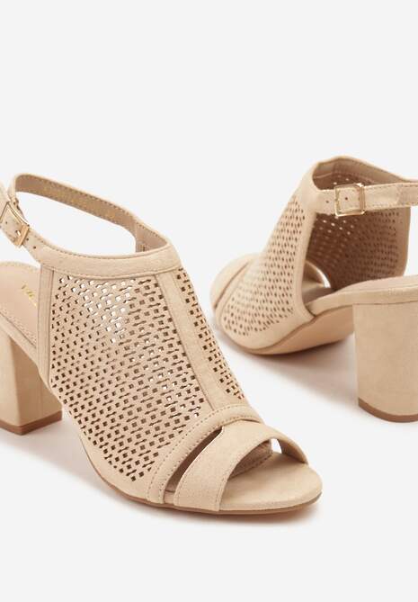 Beżowe Sandały Vices na Słupku z Ażurową Cholewką i Skórzaną Wkładką Saramiae
