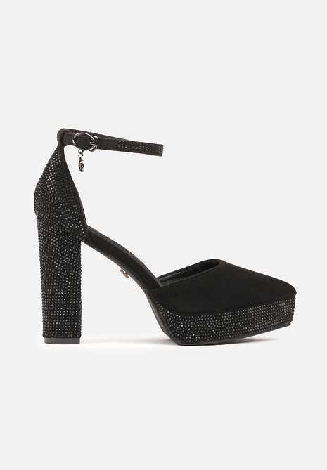 Czarne Czółenka Vices na Cekinowym Słupku z Wkładką ze Skóry Naturalnej i Metaliczną Aplikacją Tinnova