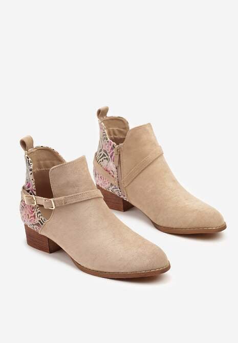 Beżowe Botki Vices na Słupku Ozdobione Kwiatami Selianor