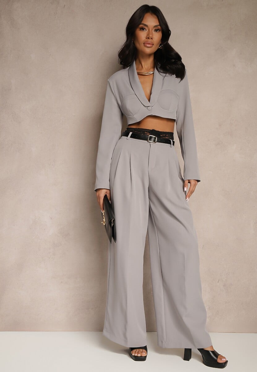 Szary Komplet Szerokie Spodnie i Krótka Marynarka z Usztywnionymi Miseczkami Liovea