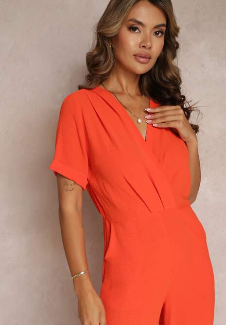 Pomarańczowy Kombinezon z Kopertowym Dekoltem i Krótkimi Rękawami z Wiskozą Coridsa
