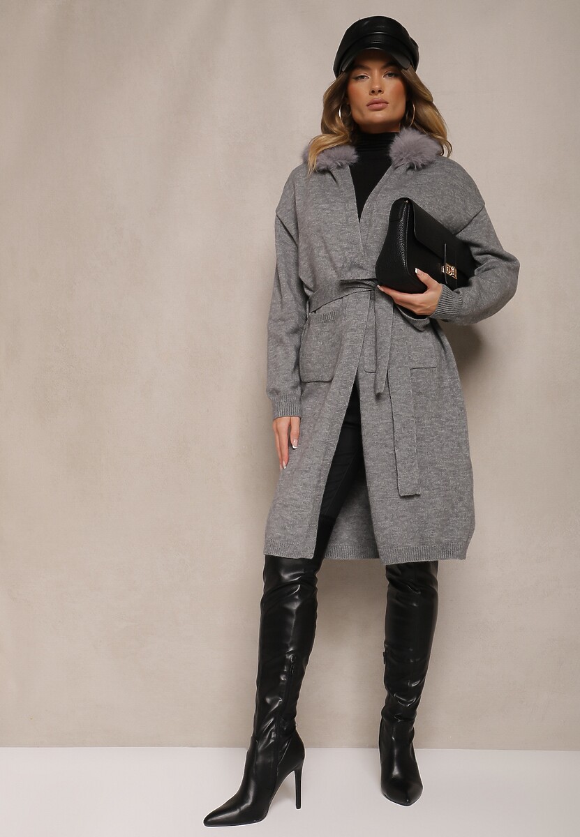 Szary Kardigan z Wełną Wiązany w Pasie z Kapturem z Odpinanym Futerkiem Besiyana