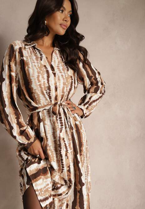 Brązowa Koszulowa Sukienka z Wiskozy Ozdobiona Materiałowym Paskiem Elliorwen