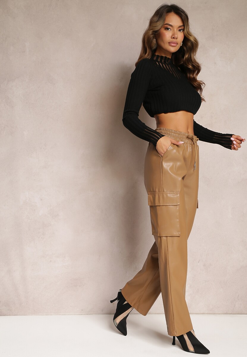 Beżowe Szerokie Spodnie w Stylu Cargo z Kieszeniami na Klapy Mixana