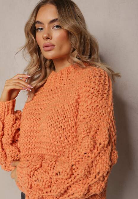 Pomarańczowy Klasyczny Golf z Ozdobnym Splotem na Rękawach Biska