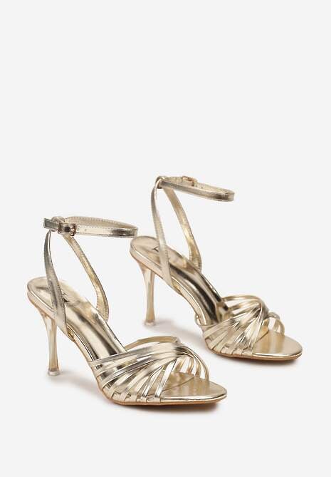 Złote Sandały Vices z Ozdobnymi Paseczkami na Szpilce Zapinane na Sprzączkę Poriena
