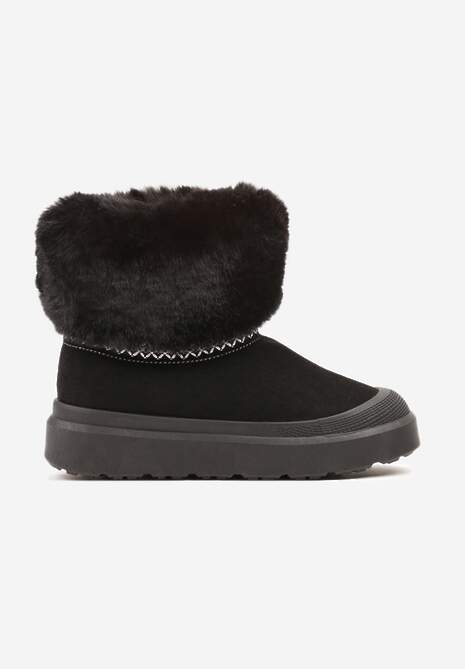 Czarne Śniegowce na Płaskiej Podeszwie Ozdobione Futerkiem i Haftem Lannetea