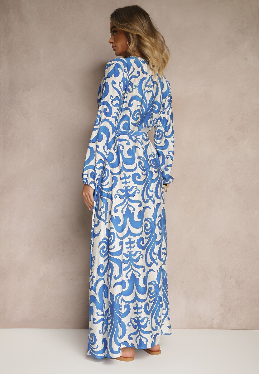 Niebieska Sukienka z Wiskozą o Rozkloszowanym Kroju w Abstrakcyjny Print Ridirinda