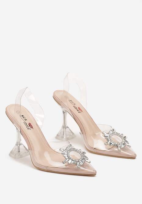 Beżowe Sandały Transparentne z Cyrkoniami i Obcasem w Typie Klepsydry Vlekoria