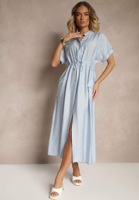 Niebieska Sukienka z Wiskozą o Koszulowym Kroju z Wiązaniem w Pasie Pollivia