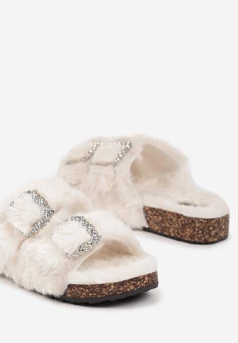 Beżowe Klapki z Futerkiem na Korkowej Podeszwie Ozdobione Cyrkoniami Belilae