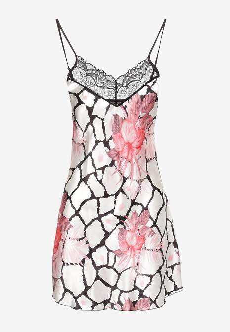 Czarno-Biała Krótka Koszula Nocna z Koronką i Regulowanymi Ramiączkami Celestena