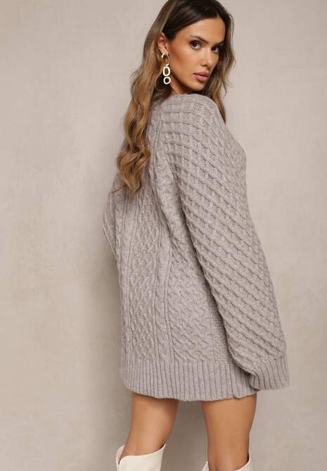 Szary Długi Sweter Ozdobiony Drobnym Splotem Killoe