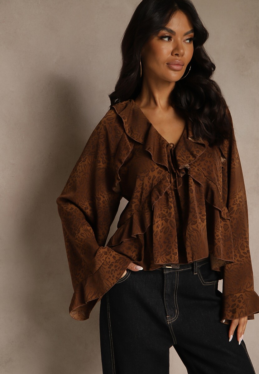 Brązowa Bluzka w Panterkę z Szerokimi Rękawami Zdobiona Falbankami Enntia