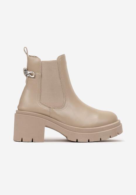 Beżowe Botki Sztyblety na Słupku z Protektorem i Ozdobnym Łańcuchem Shalise