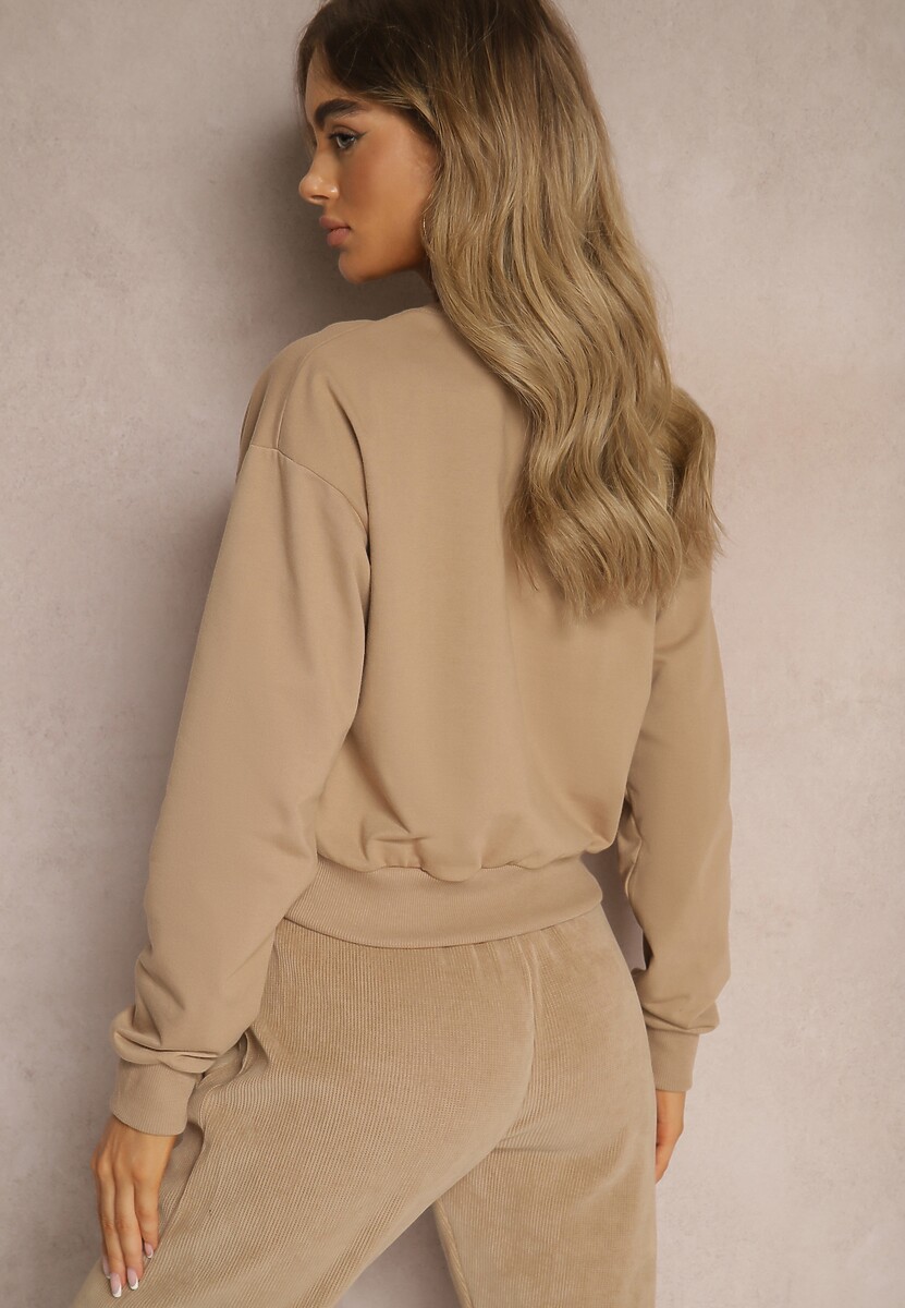 Ciemnobeżowa Bluza z Bawełną ze Ściągaczami przy Rękawach i w Pasie Alberia