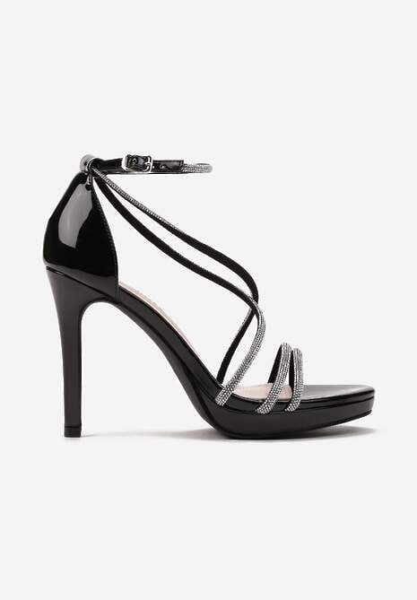 Czarne Lakierowane Sandały na Szpilce z Cyrkoniami i Sprzączką Neberia